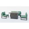 Leisuremod Chelsea 5-Piece Middle Patio Chairs and Fire Pit Table Set Black Aluminum With Green Cushions CSFBL-4G